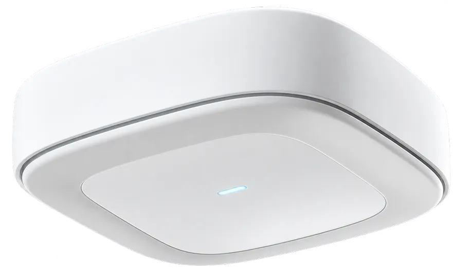 The Triton radar sensor: a slim, rounded-square white ceiling unit with a small blue status light.